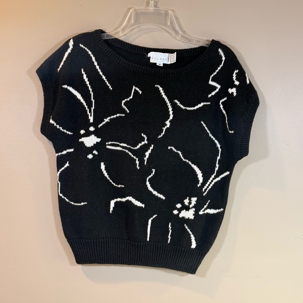 VTG Melrose‎ Black/White Abstract Floral Ramie/Cotton Boxy Floral Art Eco Twee M